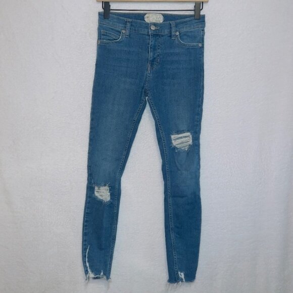 Free People Women's Size 24 Medium Wash Midi Rise Distressed Skinny Jeans - Picture 2 of 8